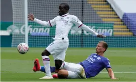  ??  ?? N’Golo Kanté and Leicester’s Dennis Praet battle for the ball during Chelsea’s 1-0 FA Cup quarter-final win at the King Power Stadium. Photograph: Tim Keeton/NMC Pool/PA Wire/ PA