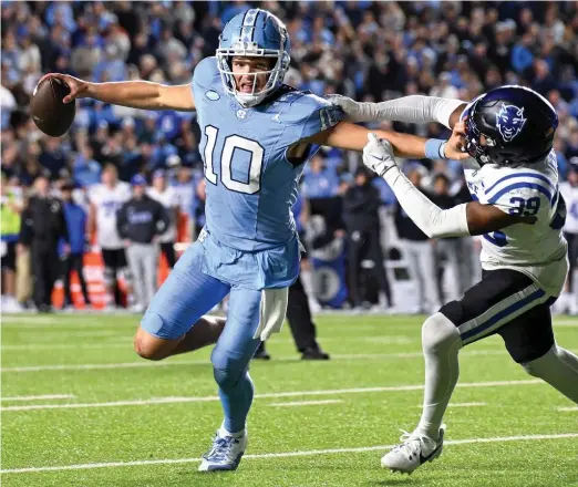  ?? GETTY IMAGES ?? North Carolina quarterbac­k Drake Maye, who met with the Bears this week and is projected to be a top-three pick, didn’t get the impression they knew him well.