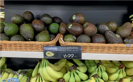  ?? STUFF ?? Avocados have gone as high as $6.99 each this month, as seen in a Wellington supermarke­t. Elsewhere they often cost about the same as a flat white.