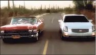  ?? Associated Press ?? With Led Zeppelin’s energetic “Rock And Roll” playing in the background, a classic Cadillac, left, is seen with a new model Cadillac in a commercial broadcast during the Super Bowl.