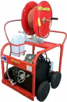  ?? ?? Model HP201S-HD electric-powered, cold water only, three-phase 20A pressure cleaner (3000 PSI, 21 L/min, 10 HP), shown with optional hose reel and 20m of hose.