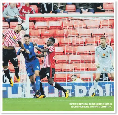  ??  ?? Plenty of empty seats at the Stadium of Light on Saturday during the 2-1 defeat to Cardiff City.