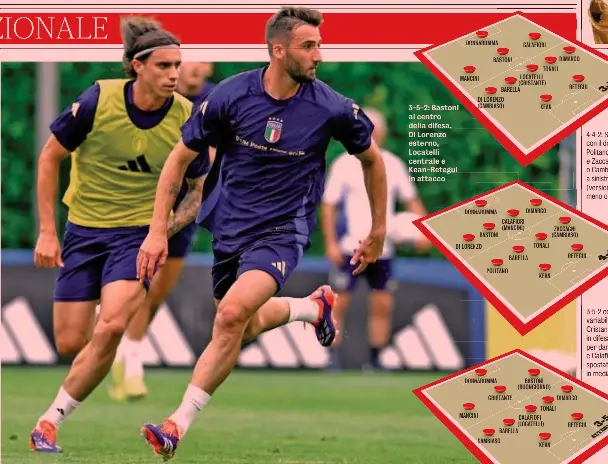  ?? ?? Alla prova Riccardo Calafiori, 23 anni, in forza all’Arsenal, e Bryan Cristante, 30, Roma 3-5-2: Bastoni al centro della difesa, Di Lorenzo esterno, Locatelli centrale e Kean-Retegui in attacco 4-4-2: Sempre con il doppio 9, Politano a destra e Zaccagni o Cambiaso a sinistra (versione più o meno offensiva) 3-5-2 con due variabili: Cristante in difesa per dare solidità e Calafiori spostato in mediana