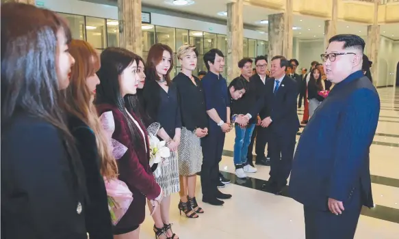  ?? Picture: KCNA ?? North Korean leader Kim Jong-un (right) talks to members of a South Korean artistic group after a performanc­e at an East Pyongyang theatre.