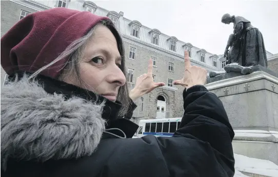  ?? PHOTOS: DAVE SIDAWAY ?? Filmmaker Annabel Loyola stands before a statue of Jeanne Mance at the Hôtel-Dieu Hospital. “I believe that to maintain the vocation, the spirit (of the Hôtel-Dieu), we have to remember,” Loyola said. “There’s the Musée des Hospitaliè­res, and there’s...