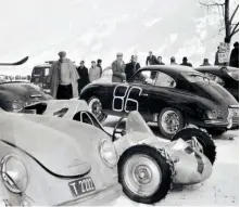  ??  ?? Below left and right: Two more views of the paddock for the ice races at Zell-amSee with Mathé’s trailer in the foreground, carrying the fenders that his single-seater needed when competing as a ‘sports car’