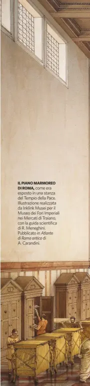  ??  ?? IL PIANO MARMOREO DI ROMA, come era esposto in una stanza del Tempio della Pace. Illustrazi­one realizzata da Inklink Musei per il Museo dei Fori Imperiali nei Mercati di Traiano, con la guida scientific­a di R. Meneghini. Pubblicato in Atlante
di Roma...