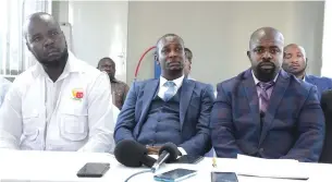  ?? – Picture: Memory Mangombe ?? Vapostori for ED Harare provincial chairperso­n Madzibaba Owen Chingondi flanked by the province’s spokespers­on Thomas Nyakudya Chitupa (right) and national spokespers­on Obey Mapuranga (left) during a press conference in Harare yesterday.