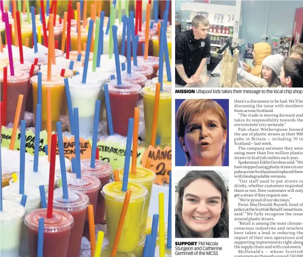  ??  ?? MISSION Ullapool kids takes their message to the local chip shop SUPPORT FM Nicola Sturgeon and Catherine Gemmell of the MCSS