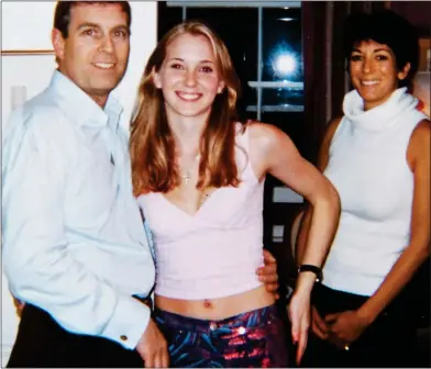  ??  ?? RAISING DOUBTS: Prince Andrew last night hinted that this 2001 photograph of him could have been faked. It shows him with his hand on Virginia Roberts Giuffre’s waist, as his friend Ghislaine Maxwell looks on