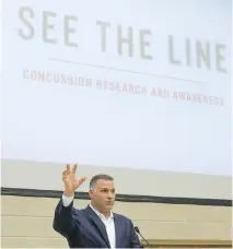  ??  ?? Eric Lindros, speaking at the See the Line symposium on Wednesday at Western University in London, Ont., says he “wasn’t the player that I once was” after he had suffered a number of concussion­s.