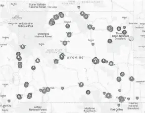  ??  ?? This map shows child care for essential personnel in Wyoming. GOOGLE