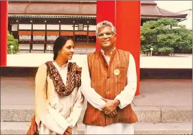  ??  ?? Jaya Jaitly with George Fernandes for a conference on Tibet, and meetings with Japanese socialists and university students, in Kyoto, Japan, in the mid-1990s.