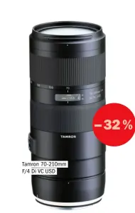  ??  ?? Tamron 70-210mm F/4 Di VC USD >>
Das lichtstark­e Allrounder­Objektiv für EF- und F-anschluss kommt im Testlabor auf 90,02%.