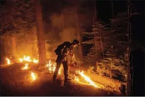  ?? AP PHOTO/NOAH BERGER ?? A firefighte­r uses a drip torch to ignite vegetation while trying to stop the Dixie Fire from spreading in Lassen National Forest, Calif., on Monday, July 26, 2021.