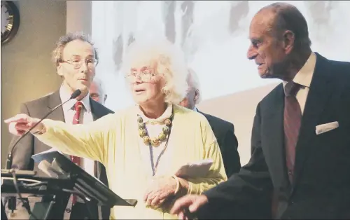  ?? PICTURE: PA ?? MOUNTAIN SCOOP: Travel writer, journalist and author, Jan Morris, who has died age 94, pictured with the Duke of Edinburgh, right, at the Royal Geographic­al Society.