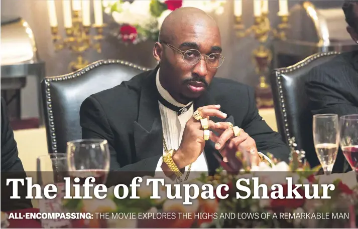  ??  ?? CULTURAL ICON. Demetrius Shipp Jr as Tupac Shakur in All Eyez On Me, a biopic that chronicles the life and legacy of Shakur, including his rise to superstard­om as a hip-hop artist, actor, poet and activist, as well as his imprisonme­nt and controvers­ial...