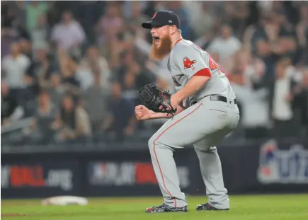  ?? AP PHOTO ?? Boston Red Sox relief pitcher Craig Kimbrel reacts after the Red Sox beat the New York Yankees 4-3 in Game 4 of the American League Division Series on Tuesday night in New York.