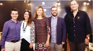  ??  ?? At the event are, from left, Italian comedian Saverio Raimondo, Elisabetta Martini, consul general of Italy, Biancaria Gismondi and Fabio Ferri from Mondadori Education Co. and Louai Al-Binni, CEO of End Consumer. (AN photo)