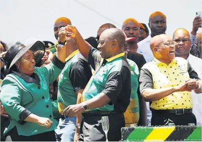  ?? Picture: Reuters ?? PALS AGAIN. ANC president Cyril Ramaphosa dances with Nkosazana Dlamini-Zuma and President Jacob Zuma during the ANC’s 106th anniversar­y in East London on Saturday.
