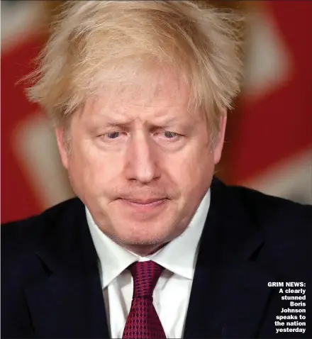  ?? Picture: TOBY MELVILLE ?? GRIM NEWS: A clearly stunned Boris Johnson speaks to the nation yesterday