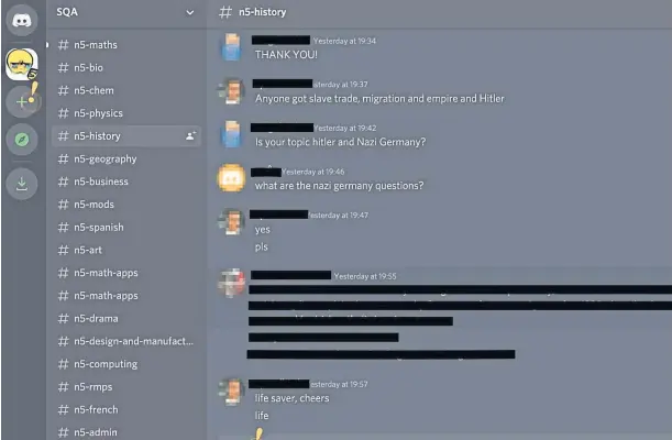  ??  ?? SPREADING THE WORD: Screenshot from the Discord app where students are now anonymousl­y sharing details from assessment­s.