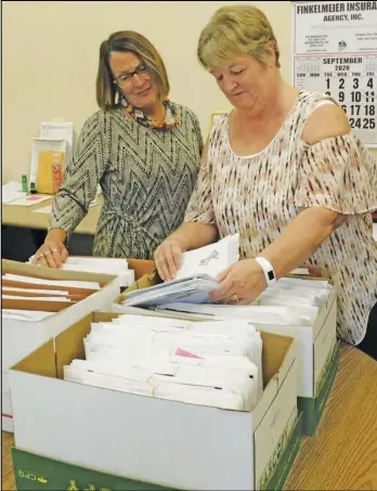  ??  ?? Board of Elections staff Josie Schaub and Ada Cummins review boxes of absentee requests at their office. More than 5,000 requests for
absentee ballots have been made. Early voting will start Oct. 6.