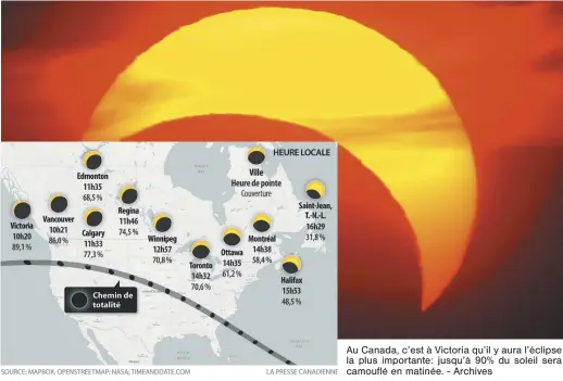  ?? - Archives ?? Au Canada, c’est à Victoria qu’il y aura l’éclipse la plus importante: jusqu’à 90% du soleil sera camouflé en matinée.