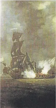  ?? // ABC ?? Cuadro que recrea la captura de un barco de guerra francés. Debajo, Manuel de Amat, gobernador de Chile entre 1755 y 1761