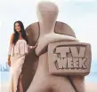  ??  ?? Neighbours star Scarlet Vas with a Logies sand sculpture.