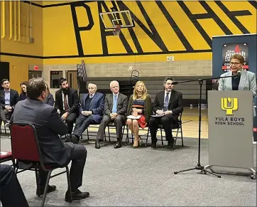  ?? MICHAEL FINNEGAN — LOS ANGELES TIMES ?? Los Angeles Mayor Karen Bass speaks during a town hall to denounce antisemiti­sm Monday at Yula Boys High School.