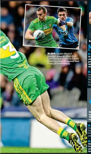  ??  ?? BLOCK: Caolan Ward of Donegal stops an effort from Colm Basquel (main) as Ciaran McGinley takes off against Niall Scully of Dublin (inset)