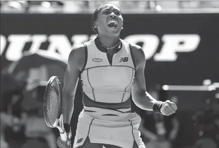  ?? AP ?? Coco Gauff of the US celebrates after defeating Marta Kostyuk of Ukraine in their quarterfin­al match at the Australian Open in Melbourne on Tuesday.