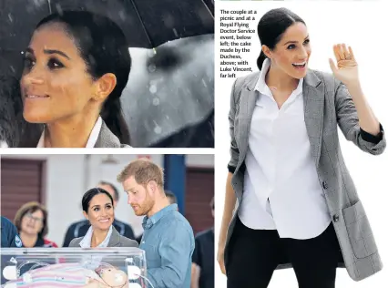  ??  ?? The couple at a picnic and at a Royal Flying Doctor Service event, below left; the cake made by the Duchess, above; with Luke Vincent, far left