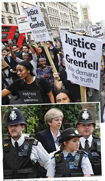  ??  ?? Protection: Police escort Theresa May outside St Clements church yesterday