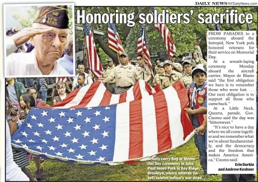  ??  ?? Scouts carry flag at Memorial Day ceremony in John Paul Jones Park in Bay Ridge, Brooklyn, where veteran (inset) salutes nation’s war dead.