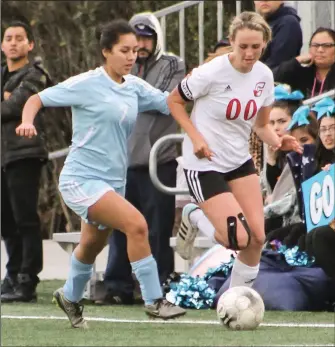  ?? Haley Sawyer/The Signal (See additional photos on signalscv.com) ?? SCCS girls soccer’s Kalona Marr (00) keeps the ball away from Azusa’s Destiny Lopez at College of the Canyons. The Cardinals comeback effort fell short as they lost 3-2 to the Aztecs.