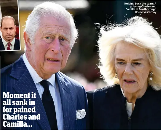  ??  ?? Holding back the tears: A grieving Charles and Camilla at Marlboroug­h House yesterday