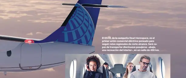  ??  ?? El ES-19, de la compañía Heart Aerospace, es el primer avión comercial eléctrico pensado para seguir rutas regionales de corto alcance. Será capaz de transporta­r diecinueve pasajeros –abajo, una recreación del interior–, en un radio de 400 km.