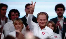  ?? Kacper Pempel/Reuters ?? Donald Tusk gestures on Sunday after exit poll results are released in Poland. Photograph: