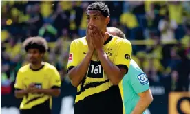  ?? Photograph: Lars Baron/Getty Images ?? Sébastien Haller after his missed penalty against Mainz.