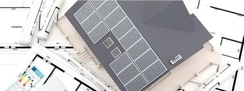  ?? ?? Una casa con paneles solares para la obtención de energía eléctrica sobre planos.