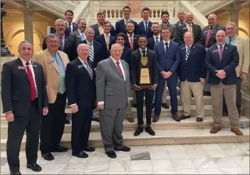  ?? Dalton State ?? National champions honored: On Monday, Feb. 7, the defending NAIA Men's Golf National Champions from Dalton State were recognized for their victory last May by the Georgia legislatur­e with the reading of a Senate Resolution. This is the first opportunit­y the Georgia Senate has had to honor the best NAIA golf team in the land since the new session began on Jan. 10. The last session ended in April 2021 before the Roadrunner­s won the title. Team members included former Heritage High golfer Ben Rebne and former Gordon Lee golfer Tucker Windham.