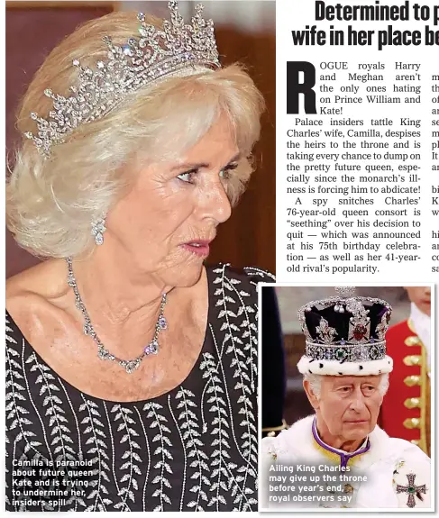 ?? ?? Camilla is paranoid about future queen Kate and is trying to undermine her, insiders spill