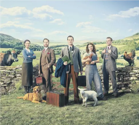  ??  ?? NEW AND OLD: Above, new cast members, from left, Anna Madeley, Samuel West, Nicholas Ralph, Rachel Shenton and Callum Woodhouse. Below, three of the origional cast of All Creatures Great and Small, from left, Christophe­r Timothy, Carol Drinkwater and Robert Hardy.