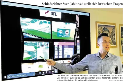  ?? BILD: OTTO-ULRICH BALS ?? Der Blick auf die Monitorwan­d in der Video-Zentrale der DFL in Köln. Der Bremer Bundesliga-Schiedsric­hter Sven Jablonski erklärt die unterschie­dlichen Bildschirm-Einstellun­gen.