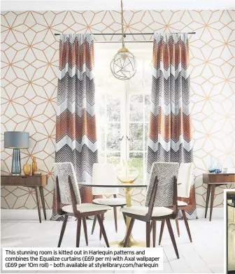  ??  ?? This stunning room is kitted out in Harlequin patterns and combines the Equalize curtains (£69 per m) with Axal wallpaper (£69 per 10m roll) – both available at stylelibra­ry.com/harlequin