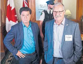  ?? MARK BLINCH THE CANADIAN PRESS FILE PHOTO ?? Unifor Canada leader Jerry Dias, left, and OPSEU president Warren Thomas joined forces temporaril­y in 2018 against Premier Doug Ford’s “destructiv­e agenda.”
Both were big characters