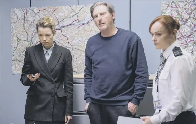  ??  ?? 0 Adrian Dunbar as Ted Hastings, flanked by Anna Maxwell Martin, left, as Patricia Carmichael and Natalie Gavin as Tina Tranter in Line of Duty which ended last night