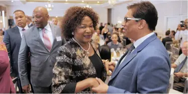  ?? ARMAND HOUGH African News Agency (ANA) ?? NATIONAL Assembly Speaker Baleka Mbete joins Dr Iqbal Survé, chairman of the Sekunjalo Investment­s Holdings, at the Sekunjalo Gathering at the Mount Nelson Hotel before the State of the Nation Address. |
